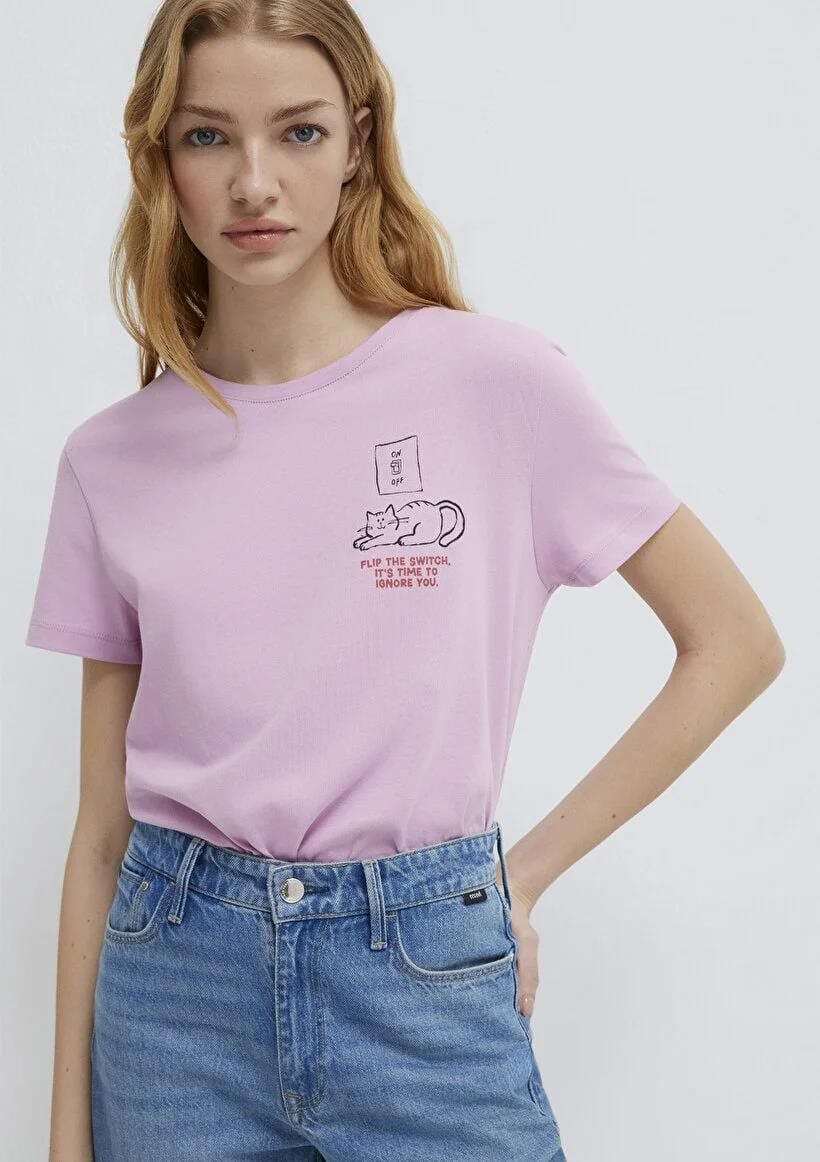 MAVİ KEDİ BASKILI KADIN TİŞÖRT