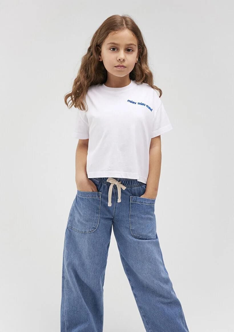 MAVİ MIAV BASKILI CROP TİŞÖRT KIZ ÇOCUK LOGO T-SHIRT