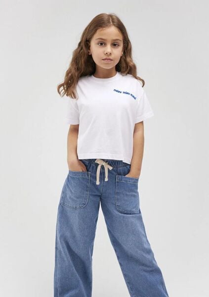 MAVİ MIAV BASKILI CROP KIZ ÇOCUK LOGO T-SHIRT