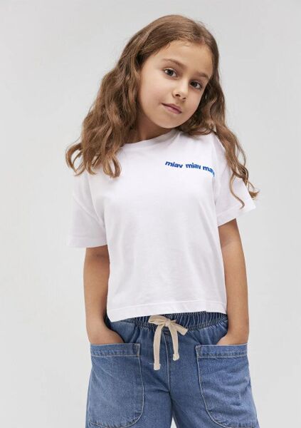 MAVİ MIAV BASKILI CROP TİŞÖRT KIZ ÇOCUKS LOGO T-SHIRT