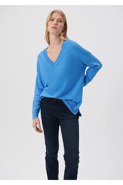 MAVİ V YAKA KAZAK KADIN BASIC KAZAK