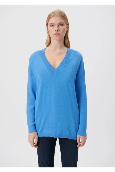 MAVİ V YAKA KAZAK KADIN BASIC KAZAK