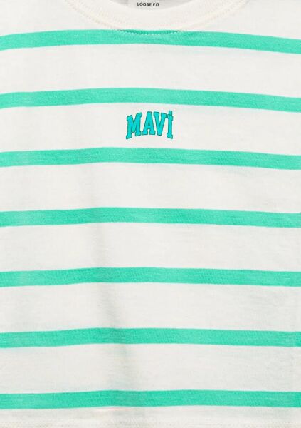 MAVİ LOGO BASKILI ÇİZGİLİ CROP KIZ ÇOCUK LOGO T-SHIRT