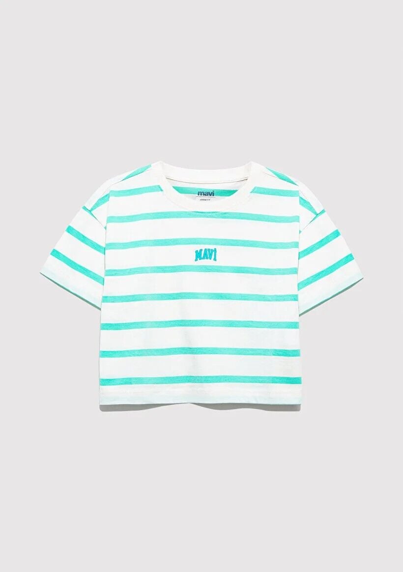 MAVİ MAVİ LOGO BASKILI ÇİZGİLİ CROP TİŞÖRT KIZ ÇOCUK LOGO T-SHIRT
