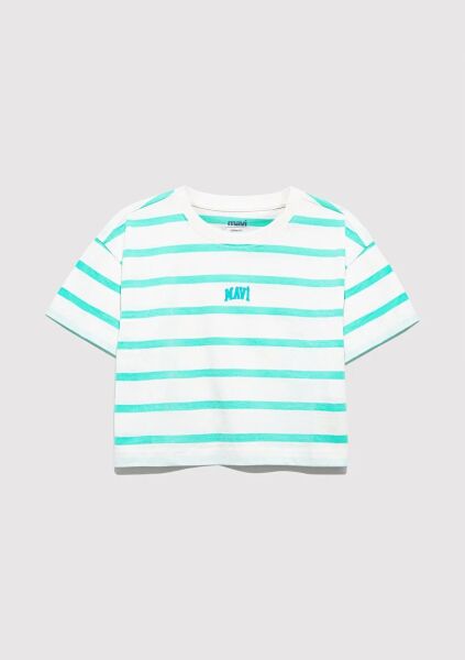 MAVİ MAVİ LOGO BASKILI ÇİZGİLİ CROP TİŞÖRT KIZ ÇOCUK LOGO T-SHIRT