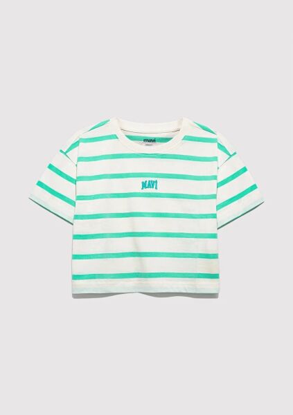 MAVİ MAVİ LOGO BASKILI ÇİZGİLİ CROP TİŞÖRT KIZ ÇOCUK LOGO T-SHIRT
