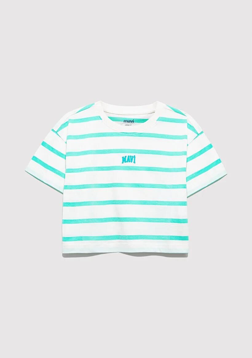 MAVİ LOGO BASKILI ÇİZGİLİ CROP TİŞÖRT KIZ ÇOCUKS LOGO T-SHIRT