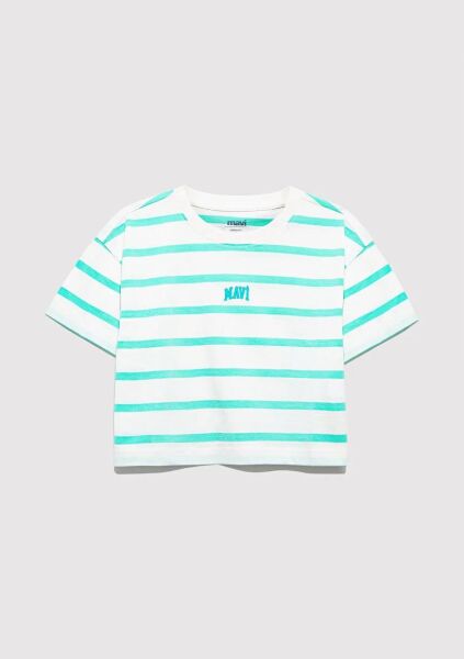 MAVİ LOGO BASKILI ÇİZGİLİ CROP KIZ ÇOCUK LOGO T-SHIRT