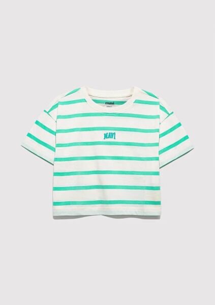 MAVİ LOGO BASKILI ÇİZGİLİ CROP KIZ ÇOCUK LOGO T-SHIRT