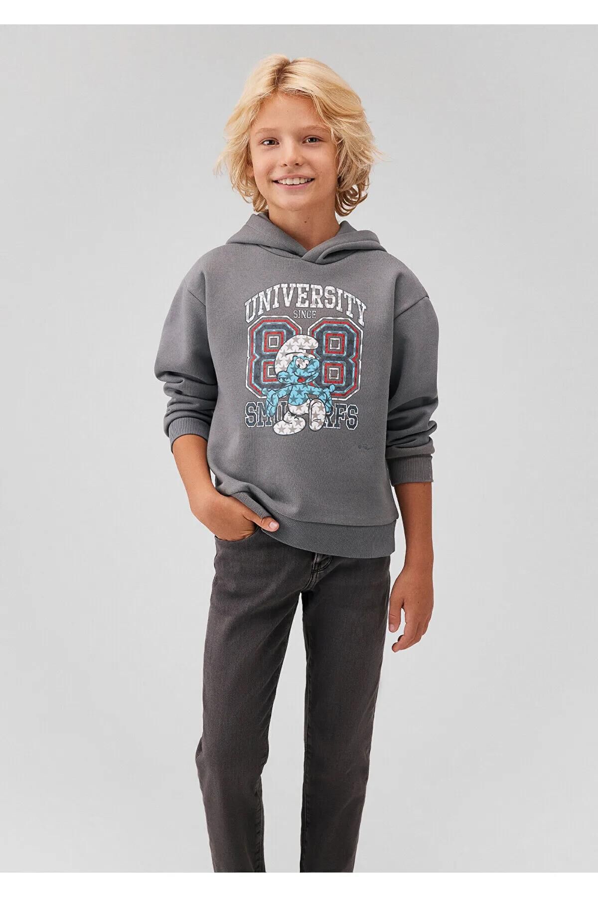 MAVİ ŞİRİNLER BASKILI KAPÜŞONLU SWEATSHIRT ERKEK ÇOCUK KAPÜŞONLU SWEATSHIRT