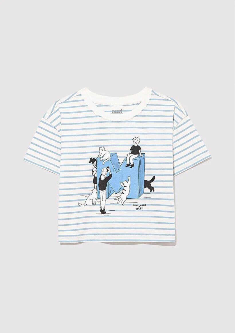 MAVİ M BASKILI ÇİZGİLİ CROP TİŞÖRT KIZ ÇOCUK GRAFİK T-SHIRT