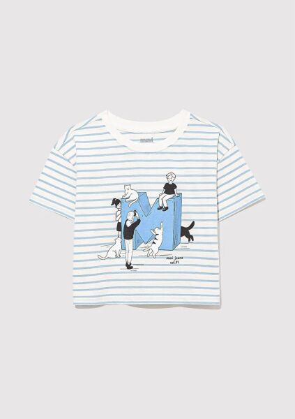 MAVİ M BASKILI ÇİZGİLİ CROP TİŞÖRT KIZ ÇOCUK GRAFİK T-SHIRT