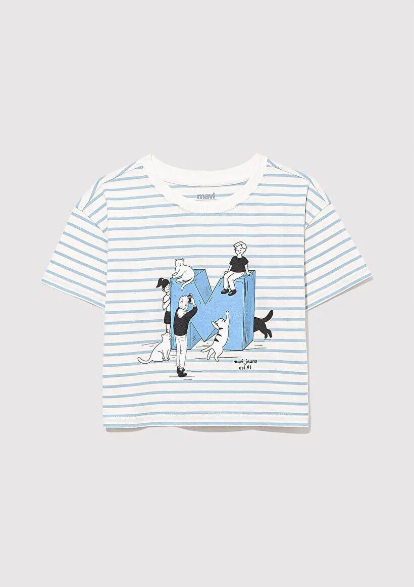 MAVİ M BASKILI ÇİZGİLİ CROP TİŞÖRT KIZ ÇOCUK GRAFİK T-SHIRT