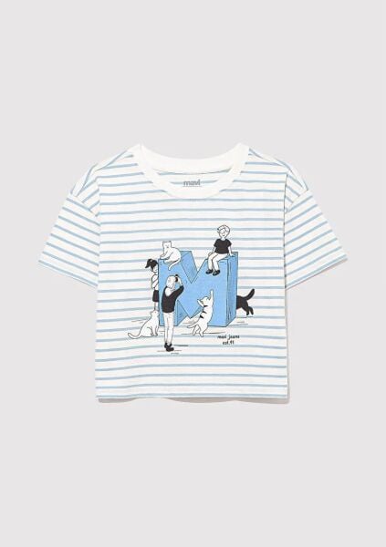 MAVİ M BASKILI ÇİZGİLİ CROP KIZ ÇOCUK GRAFİK T-SHIRT