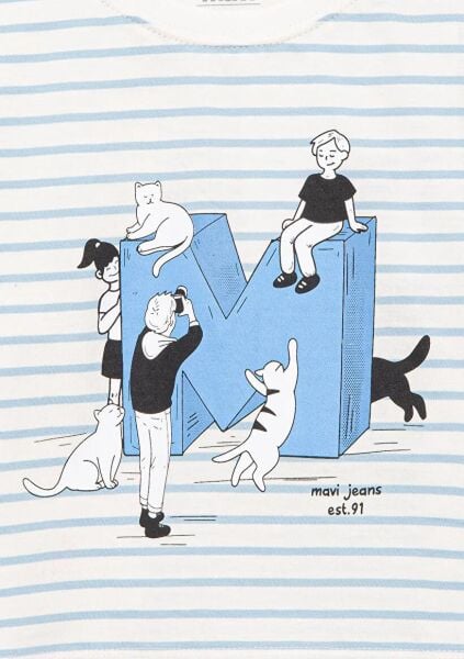 MAVİ M BASKILI ÇİZGİLİ CROP TİŞÖRT KIZ ÇOCUK GRAFİK T-SHIRT