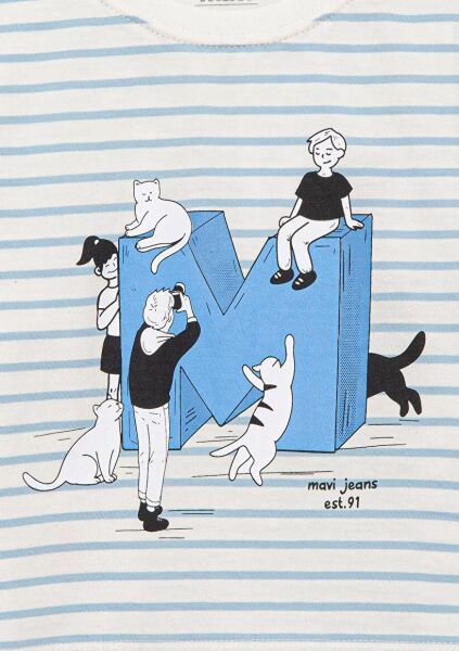 MAVİ M BASKILI ÇİZGİLİ CROP KIZ ÇOCUK GRAFİK T-SHIRT