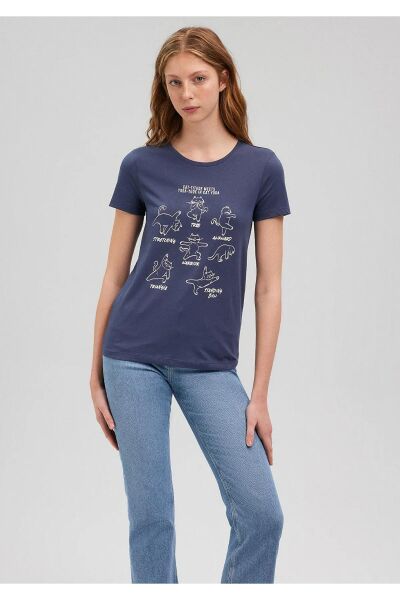 MAVİ KEDİ BASKILI GRAFIK TIŞORT KADIN GRAFİK T-SHIRT