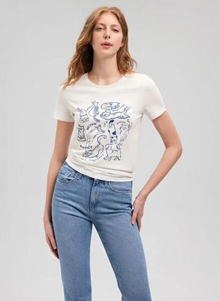 MAVİ KEDİ BASKILI GRAFİK TIŞORT KADIN GRAFİK T-SHIRT