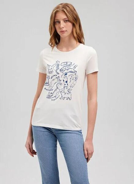 MAVİ KEDİ BASKILI GRAFİK TIŞORT KADIN GRAFİK T-SHIRT