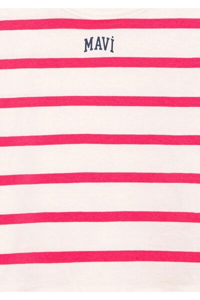 MAVİ LOGO BASKILI ÇİZGİLİ CROP TİŞÖRT KIZ ÇOCUK LOGO T-SHIRT