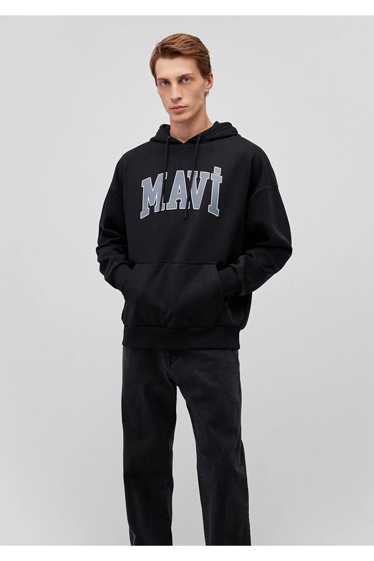 MAVİ BASKILI ERKEK KAPÜŞONLU SWEATSHIRT