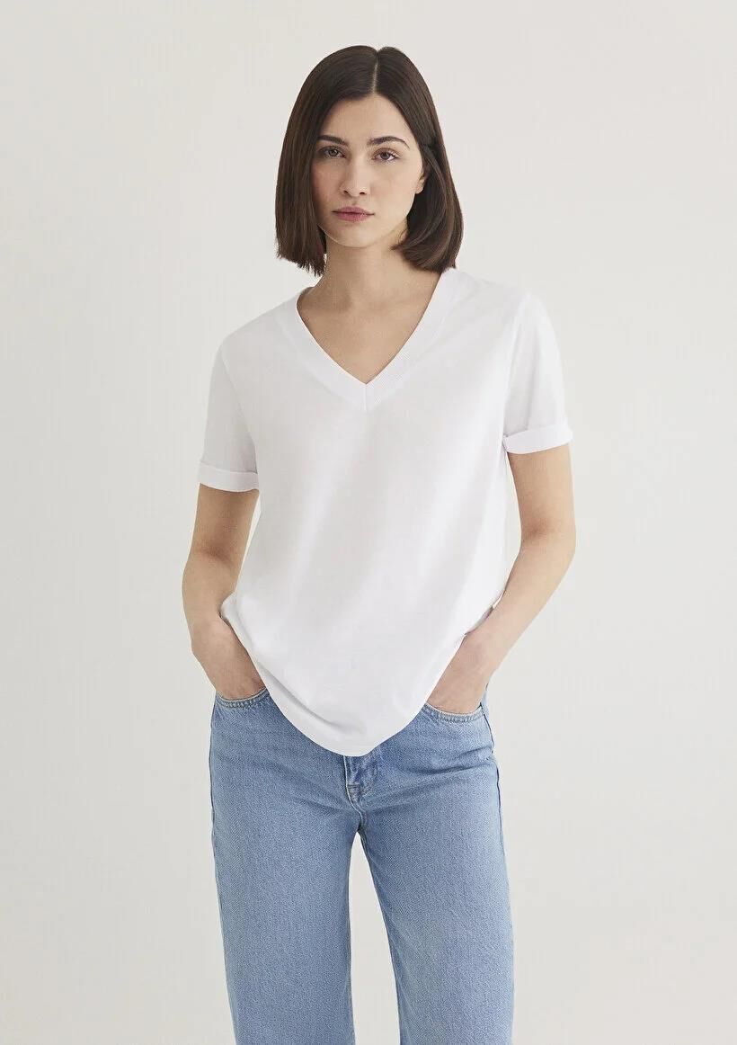 MAVİ V YAKA BASIC TİŞÖRT KADIN BASIC, SEMI BASIC