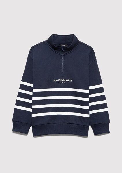 MAVİ YARI FERMUARLI ÇİZGİLİ ERKEK ÇOCUK SWEATSHIRT