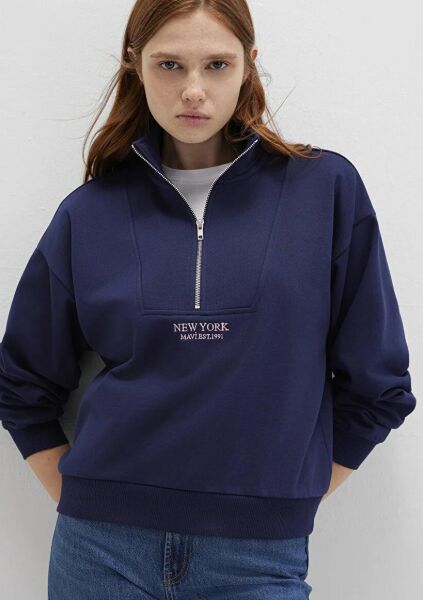 MAVİ YARIM FERMUARLI KADIN SWEATSHIRT