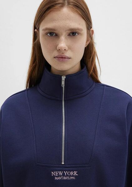 MAVİ YARIM FERMUARLI KADIN SWEATSHIRT